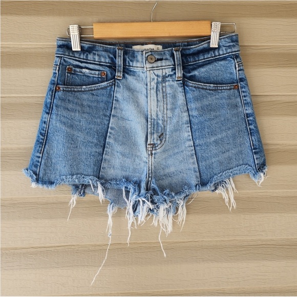 Abercrombie & Fitch Pants - Abercrombie & Fitch High Rise Mom Jean Shorts Two-Tone Panels Raw Hem Blue 26/2